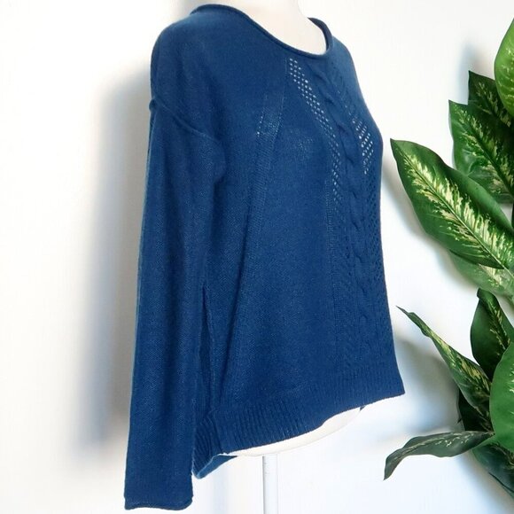360 Cashmere Blue Cable & Open Knit Long Sleeve Boat Neck Sweater Pullover Small - Picture 4 of 12
